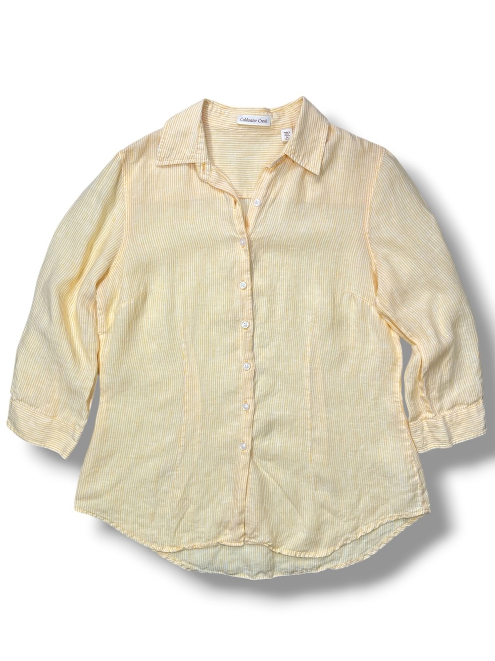 Coldwater Creek 100% Linen Button Up Yellow White Pin Stripes Size M (10-12)